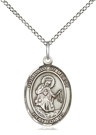 Sterling Silver Our Lady of Mercy Pendant on a 18 inch Sterling Silver Light Curb chain