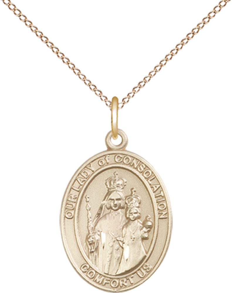 14kt Gold Filled Our Lady of Consolation Pendant on a 18 inch Gold Filled Light Curb chain