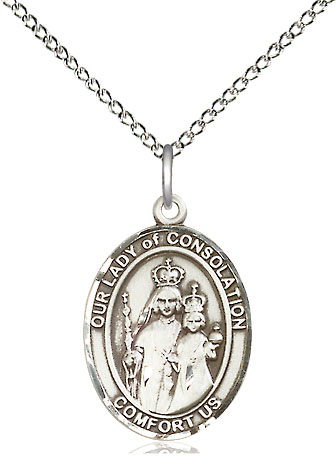 Sterling Silver Our Lady of Consolation Pendant on a 18 inch Sterling Silver Light Curb chain