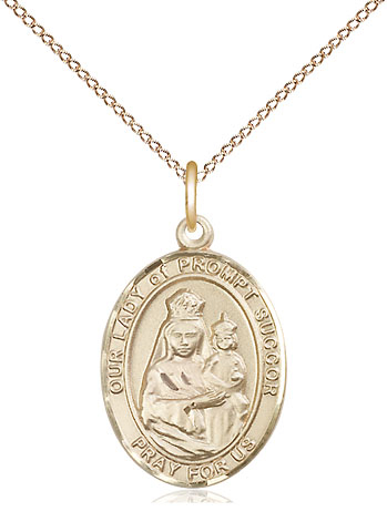 14kt Gold Filled Our Lady of Prompt Succor Pendant on a 18 inch Gold Filled Light Curb chain