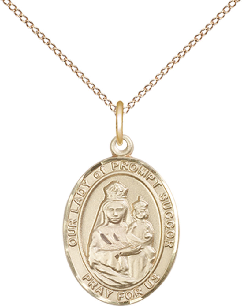 14kt Gold Filled Our Lady of Prompt Succor Pendant on a 18 inch Gold Filled Light Curb chain