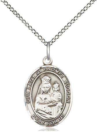 Sterling Silver Our Lady of Prompt Succor Pendant on a 18 inch Sterling Silver Light Curb chain