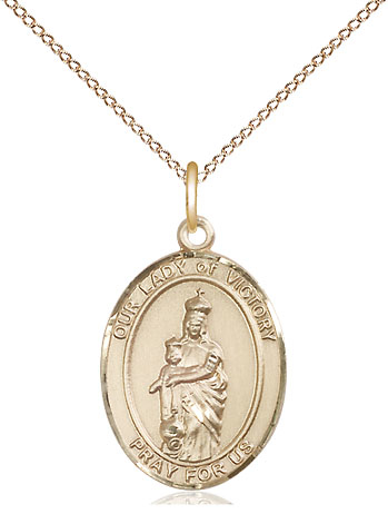 14kt Gold Filled Our Lady of Victory Pendant on a 18 inch Gold Filled Light Curb chain