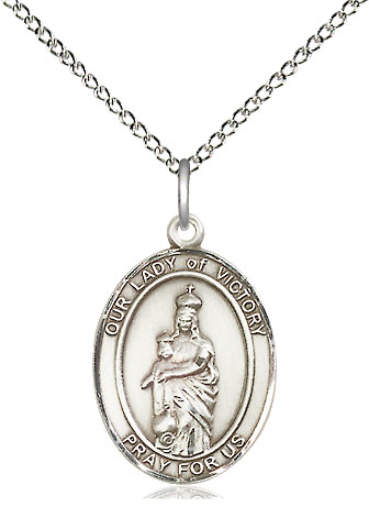 Sterling Silver Our Lady of Victory Pendant on a 18 inch Sterling Silver Light Curb chain