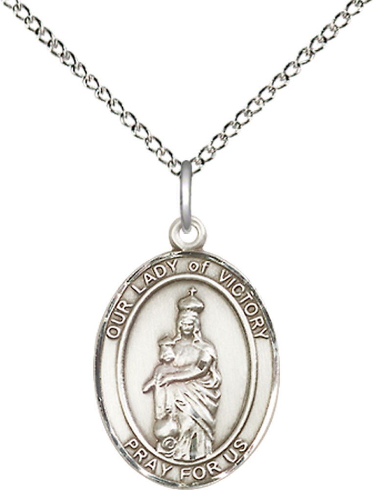 Sterling Silver Our Lady of Victory Pendant on a 18 inch Sterling Silver Light Curb chain