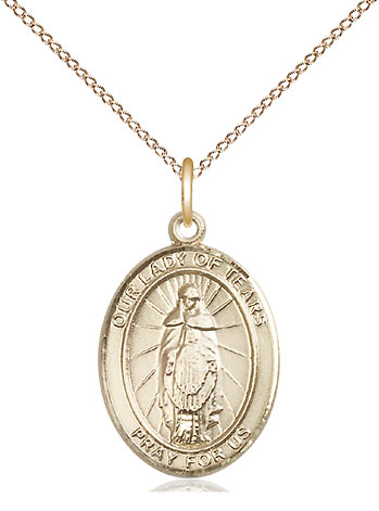 14kt Gold Filled Our Lady of Tears Pendant on a 18 inch Gold Filled Light Curb chain