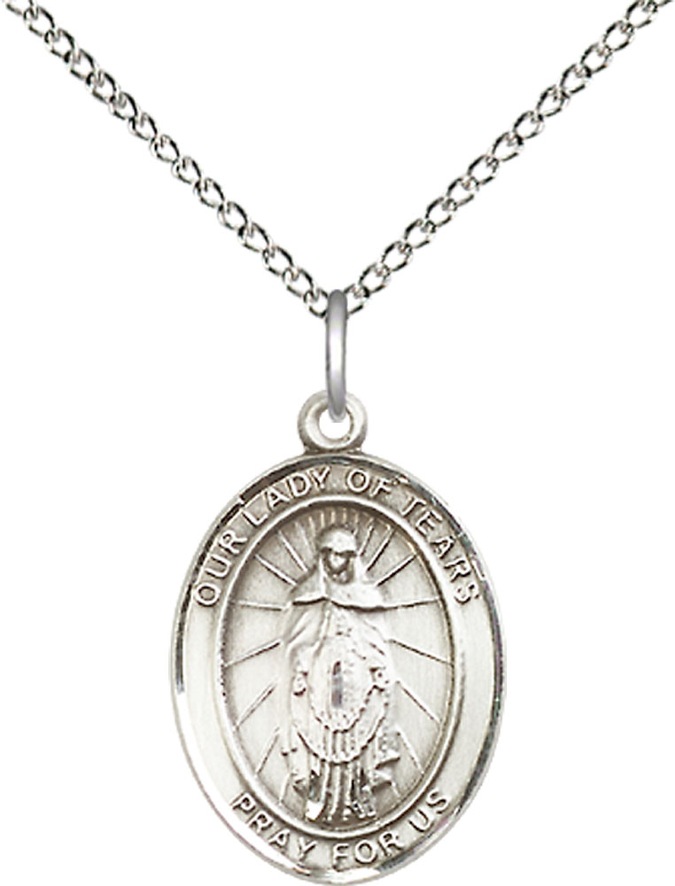 Sterling Silver Our Lady of Tears Pendant on a 18 inch Sterling Silver Light Curb chain