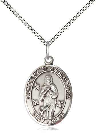 Sterling Silver Our Lady of Assumption Pendant on a 18 inch Sterling Silver Light Curb chain