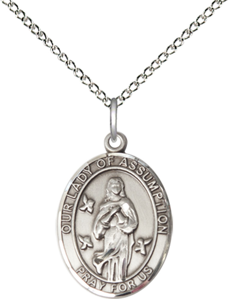 Sterling Silver Our Lady of Assumption Pendant on a 18 inch Sterling Silver Light Curb chain