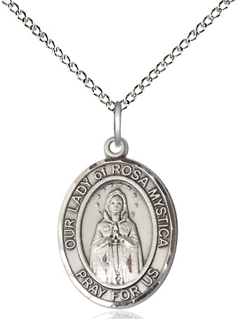 Sterling Silver Our Lady of Rosa Mystica Pendant on a 18 inch Sterling Silver Light Curb chain