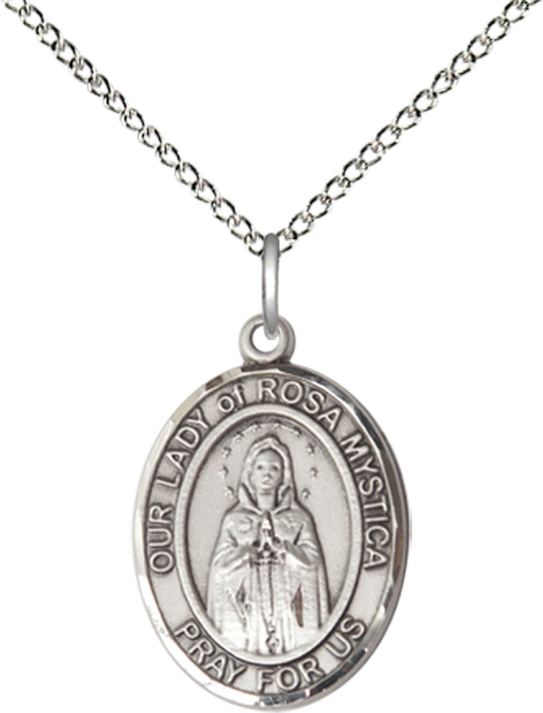 Sterling Silver Our Lady of Rosa Mystica Pendant on a 18 inch Sterling Silver Light Curb chain
