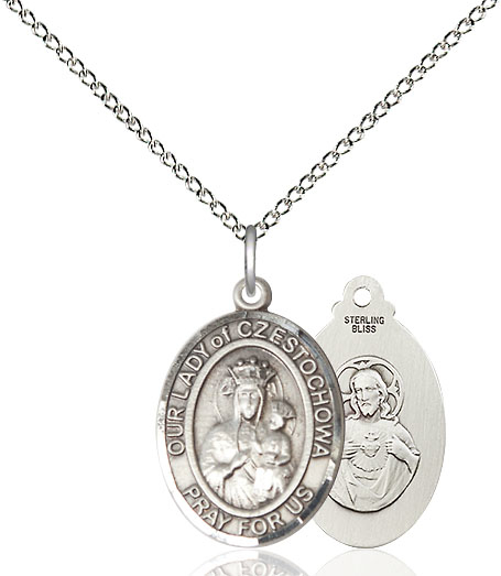 Sterling Silver Our Lady of Czestochowa Pendant on a 18 inch Sterling Silver Light Curb chain