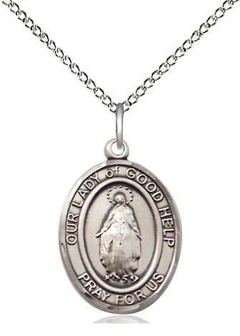 Sterling Silver Our Lady Of Good Help Pendant on a 18 inch Sterling Silver Light Curb chain