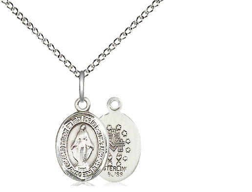 Sterling Silver Miraculous Pendant on a 18 inch Sterling Silver Light Curb chain