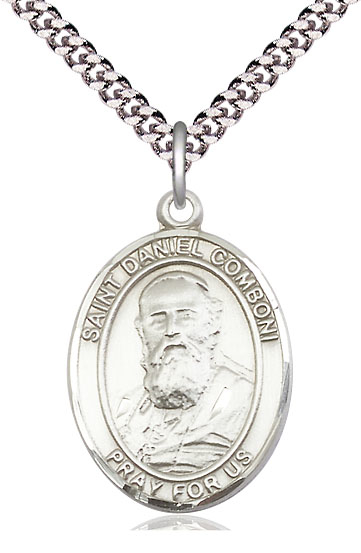 Sterling Silver Saint Daniel Comboni Pendant on a 24 inch Light Rhodium Heavy Curb chain