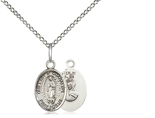 Sterling Silver Our Lady of Guadalupe Pendant on a 18 inch Sterling Silver Light Curb chain