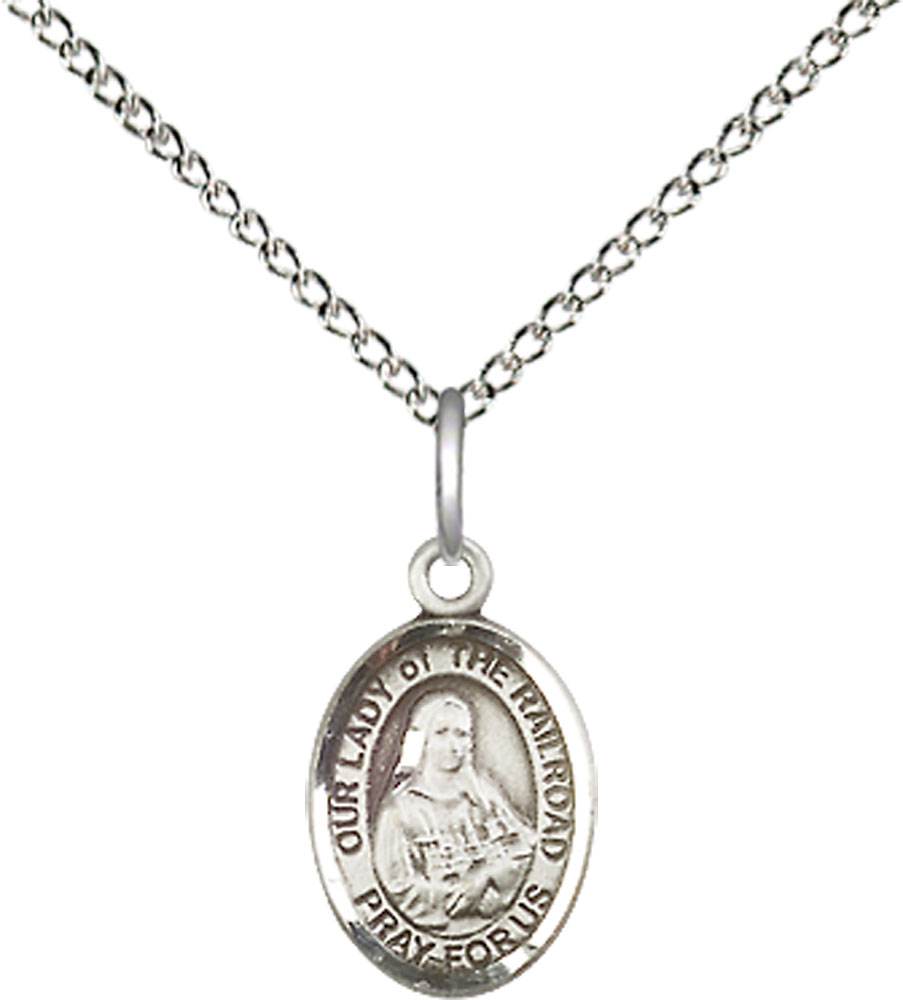 Sterling Silver Our Lady of the Railroad Pendant on a 18 inch Sterling Silver Light Curb chain