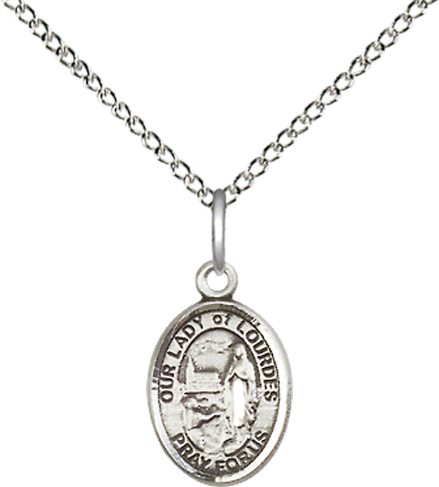 Sterling Silver Our Lady of Lourdes Pendant on a 18 inch Sterling Silver Light Curb chain