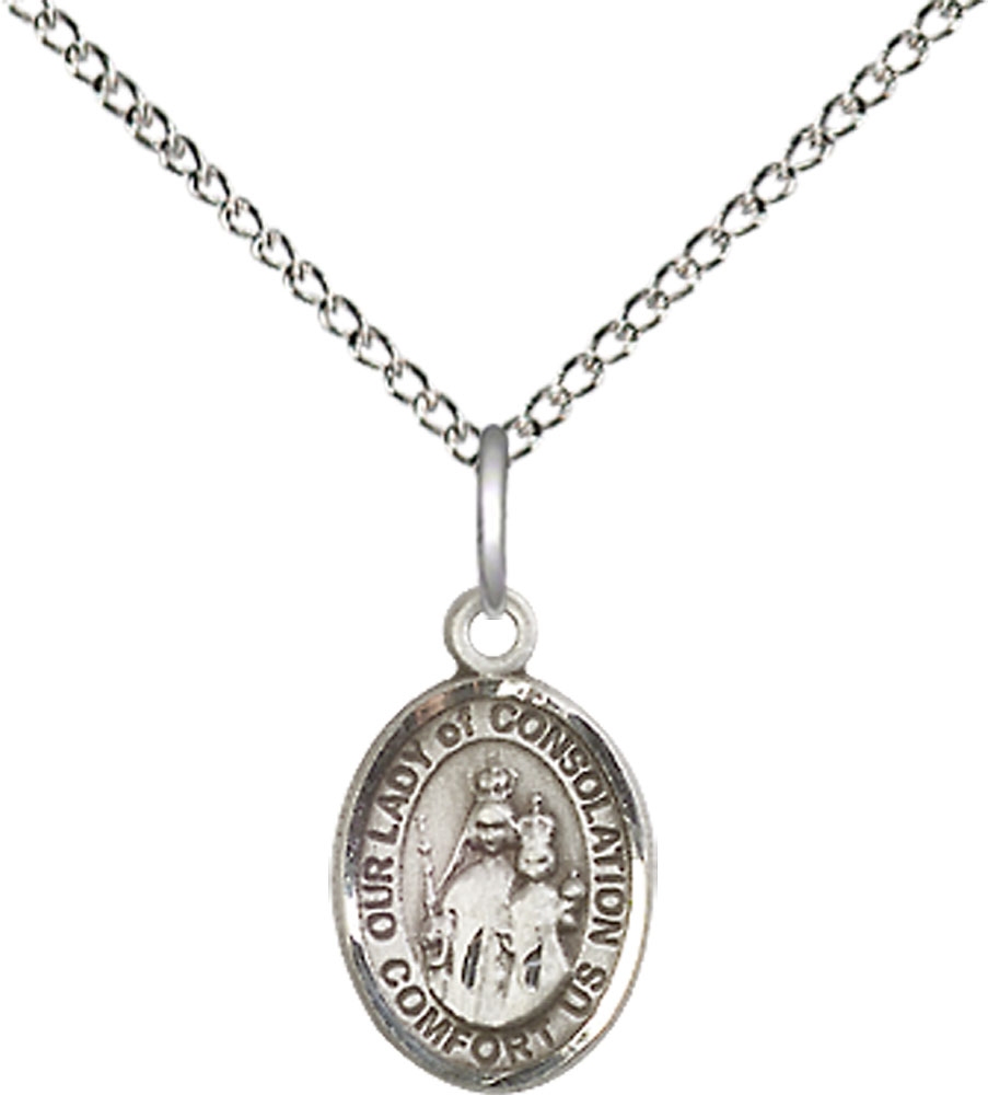 Sterling Silver Our Lady of Consolation Pendant on a 18 inch Sterling Silver Light Curb chain