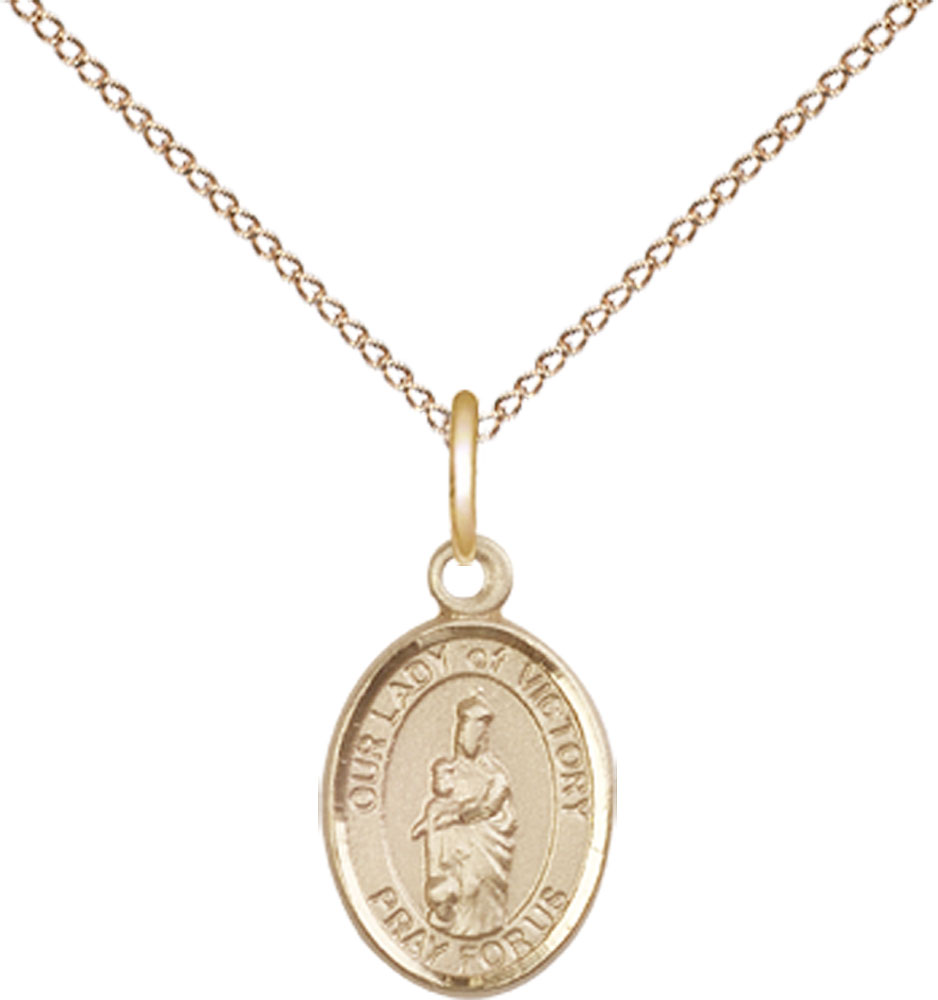 14kt Gold Filled Our Lady of Victory Pendant on a 18 inch Gold Filled Light Curb chain