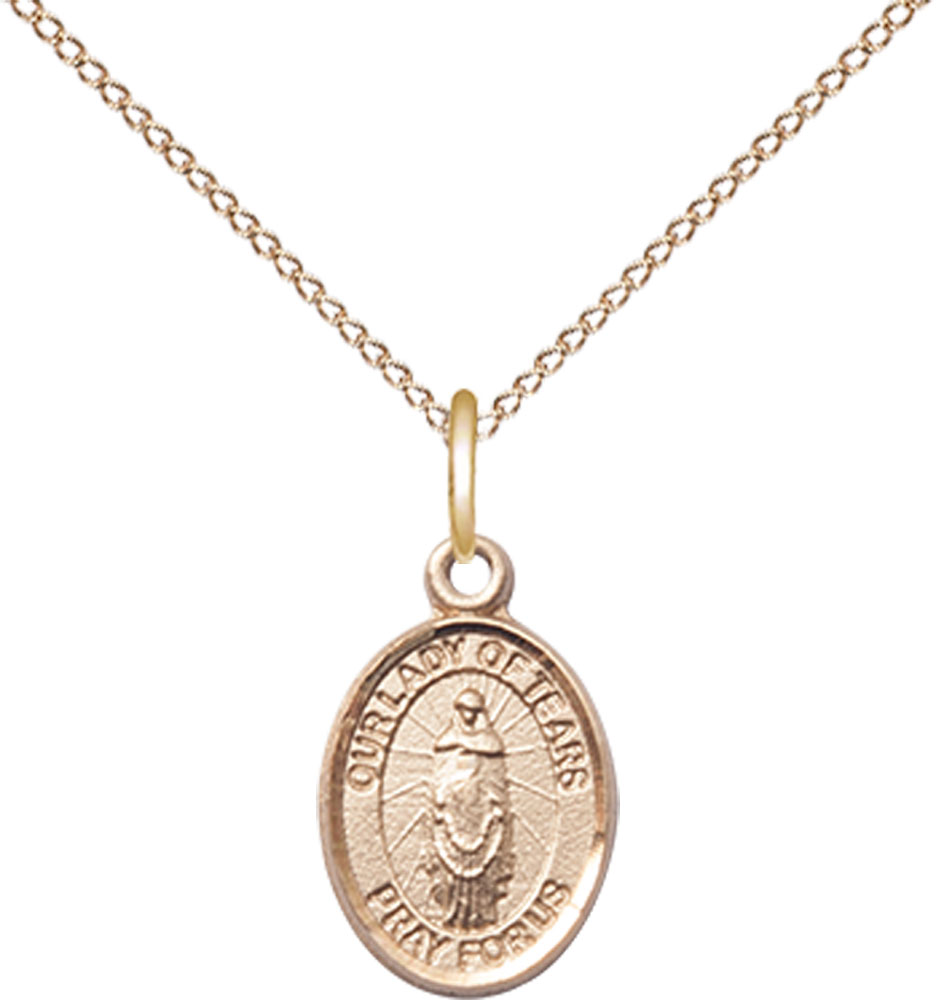 14kt Gold Filled Our Lady of Tears Pendant on a 18 inch Gold Filled Light Curb chain