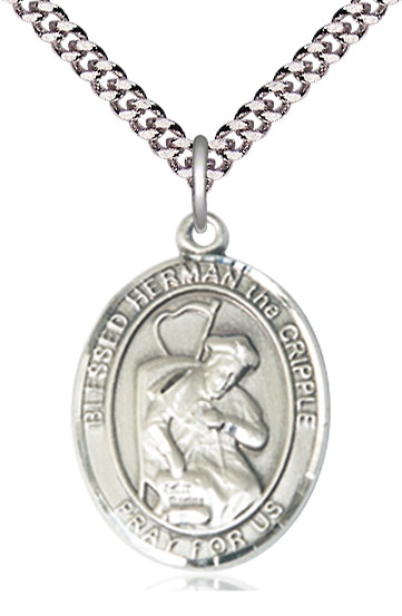 Sterling Silver Blessed Herman the Cripple Pendant on a 24 inch Light Rhodium Heavy Curb chain