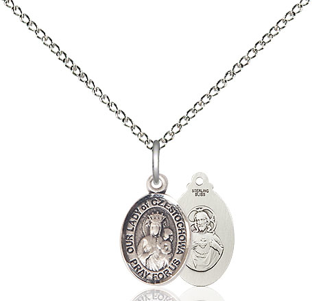 Sterling Silver Our Lady of Czestochowa Pendant on a 18 inch Sterling Silver Light Curb chain