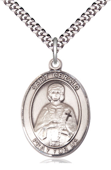 Sterling Silver Saint Gerald Pendant on a 24 inch Light Rhodium Heavy Curb chain