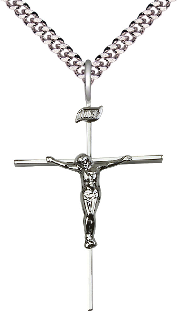 Sterling Silver Crucifix Pendant on a 24 inch Light Rhodium Heavy Curb chain