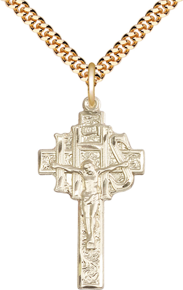 14kt Gold Filled Crucifix-IHS Pendant on a 24 inch Gold Plate Heavy Curb chain