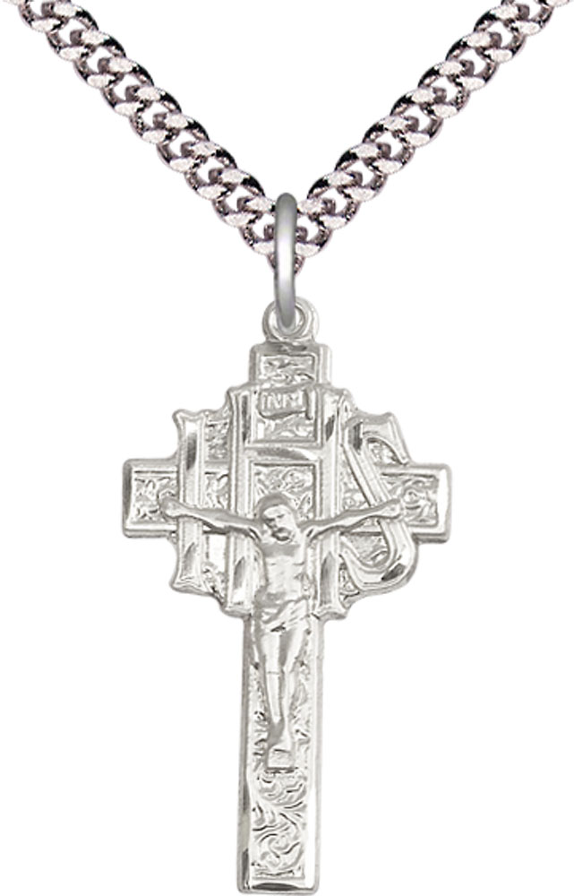 Sterling Silver Crucifix-IHS Pendant on a 24 inch Light Rhodium Heavy Curb chain