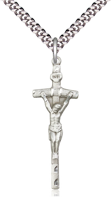 Sterling Silver Papal Crucifix Pendant on a 24 inch Light Rhodium Heavy Curb chain