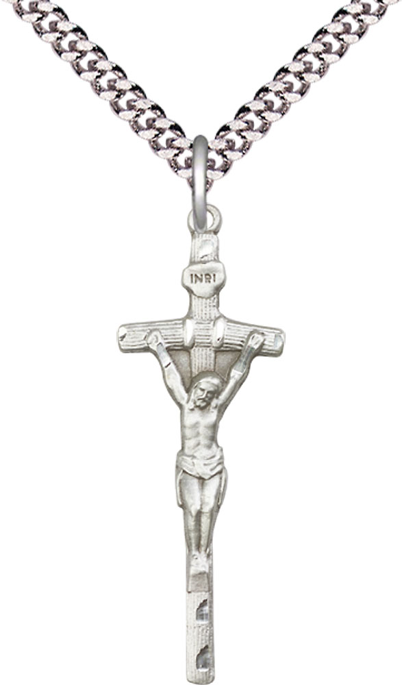 Sterling Silver Papal Crucifix Pendant on a 24 inch Light Rhodium Heavy Curb chain