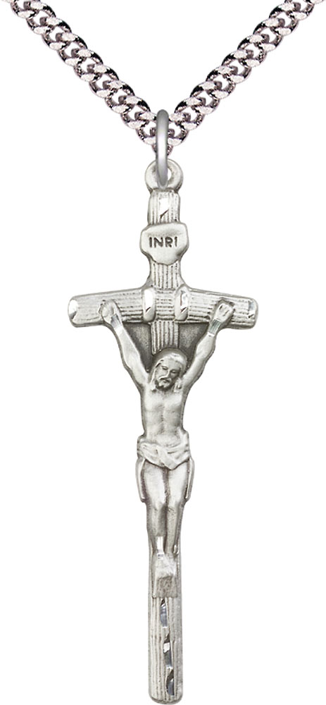 Sterling Silver Papal Crucifix Pendant on a 24 inch Light Rhodium Heavy Curb chain