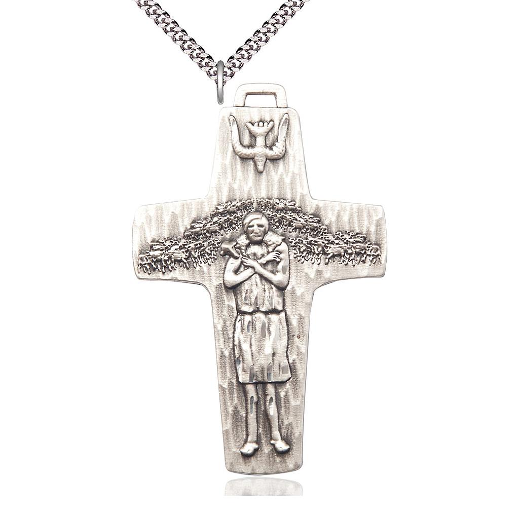 Sterling Silver Papal Crucifix Pendant on a 24 inch Light Rhodium Heavy Curb chain
