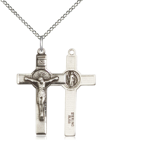 Sterling Silver Saint Benedict Crucifix Pendant on a 18 inch Sterling Silver Light Curb chain