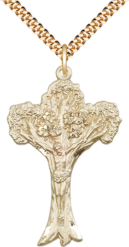 14kt Gold Filled Tree of Life Crucifix Pendant on a 24 inch Gold Plate Heavy Curb chain