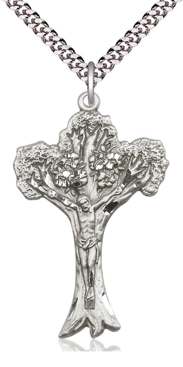 Sterling Silver Tree of Life Crucifix Pendant on a 24 inch Light Rhodium Heavy Curb chain