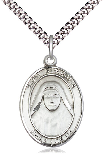 Sterling Silver Saint Alphonsa Pendant on a 24 inch Light Rhodium Heavy Curb chain