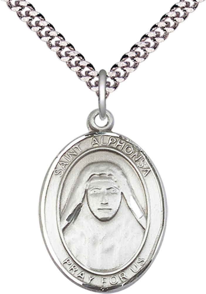 Sterling Silver Saint Alphonsa Pendant on a 24 inch Light Rhodium Heavy Curb chain