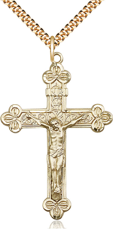 14kt Gold Filled Crucifix Pendant on a 24 inch Gold Plate Heavy Curb chain