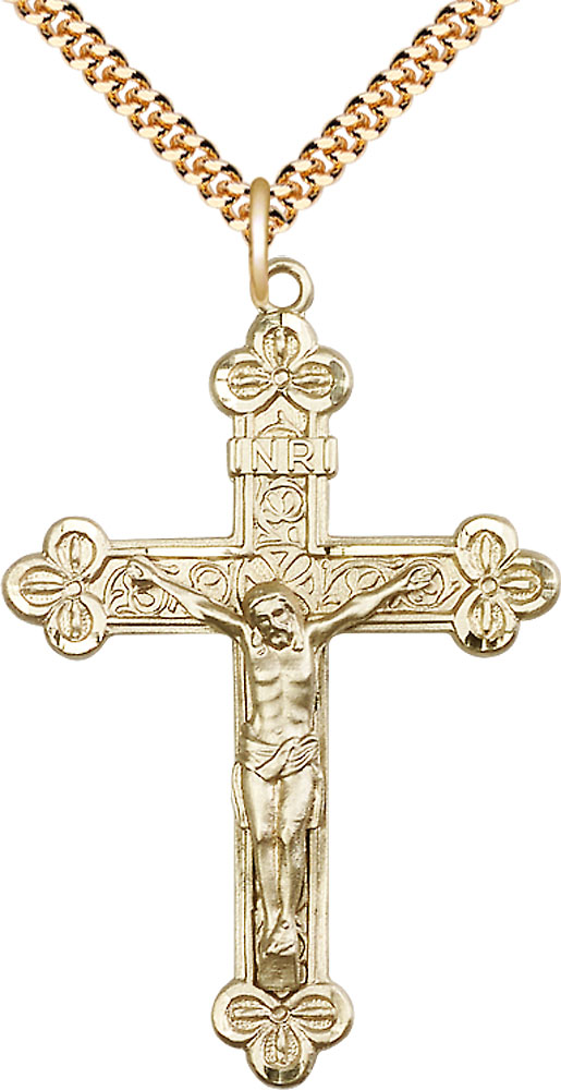 14kt Gold Filled Crucifix Pendant on a 24 inch Gold Plate Heavy Curb chain