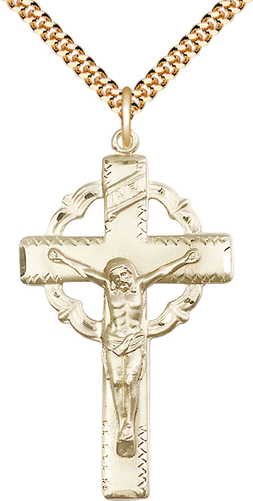 14kt Gold Filled Crucifix Pendant on a 24 inch Gold Plate Heavy Curb chain