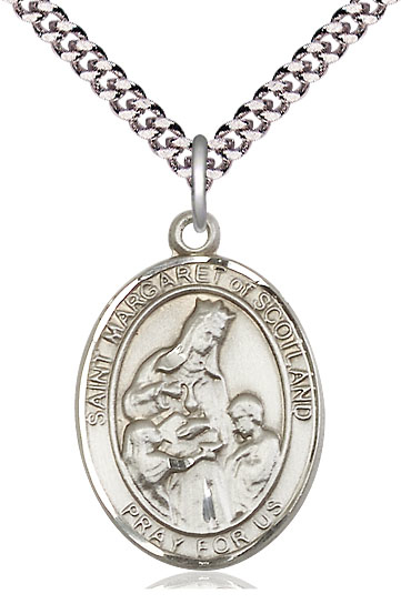 Sterling Silver Saint Margaret of Scotland Pendant on a 24 inch Light Rhodium Heavy Curb chain