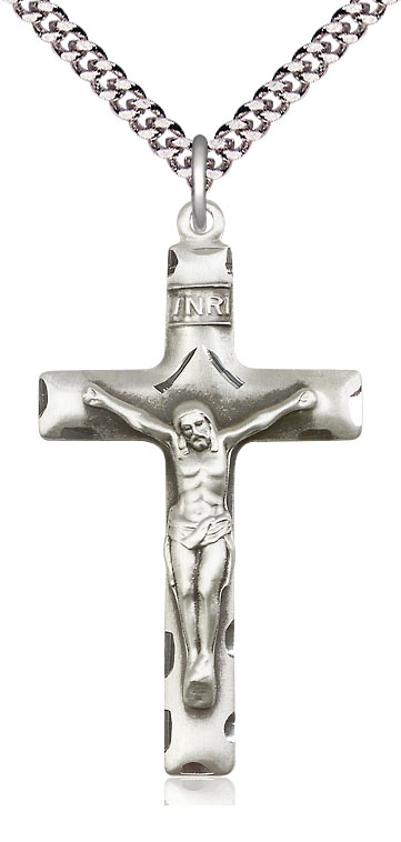 Sterling Silver Crucifix Pendant on a 24 inch Light Rhodium Heavy Curb chain