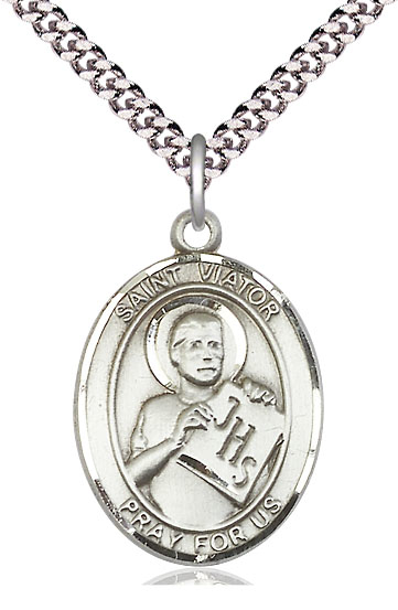 Sterling Silver Saint Viator of Bergamo Pendant on a 24 inch Light Rhodium Heavy Curb chain