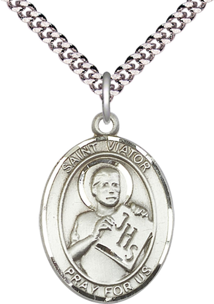 Sterling Silver Saint Viator of Bergamo Pendant on a 24 inch Light Rhodium Heavy Curb chain
