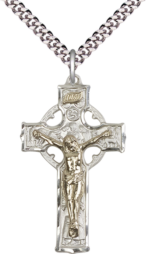 Two-Tone GF/SS Celtic Crucifix Pendant on a 24 inch Light Rhodium Heavy Curb chain