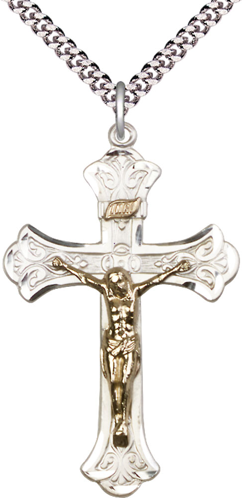 Two-Tone GF/SS Crucifix Pendant on a 24 inch Light Rhodium Heavy Curb chain
