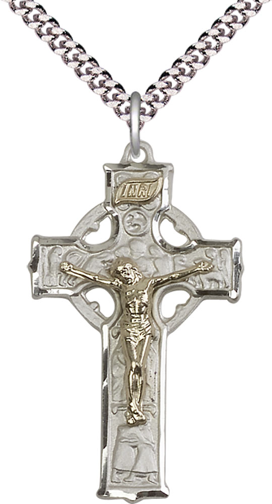 Two-Tone GF/SS Mens Celtic Crucifix Pendant on a 24 inch Light Rhodium Heavy Curb chain